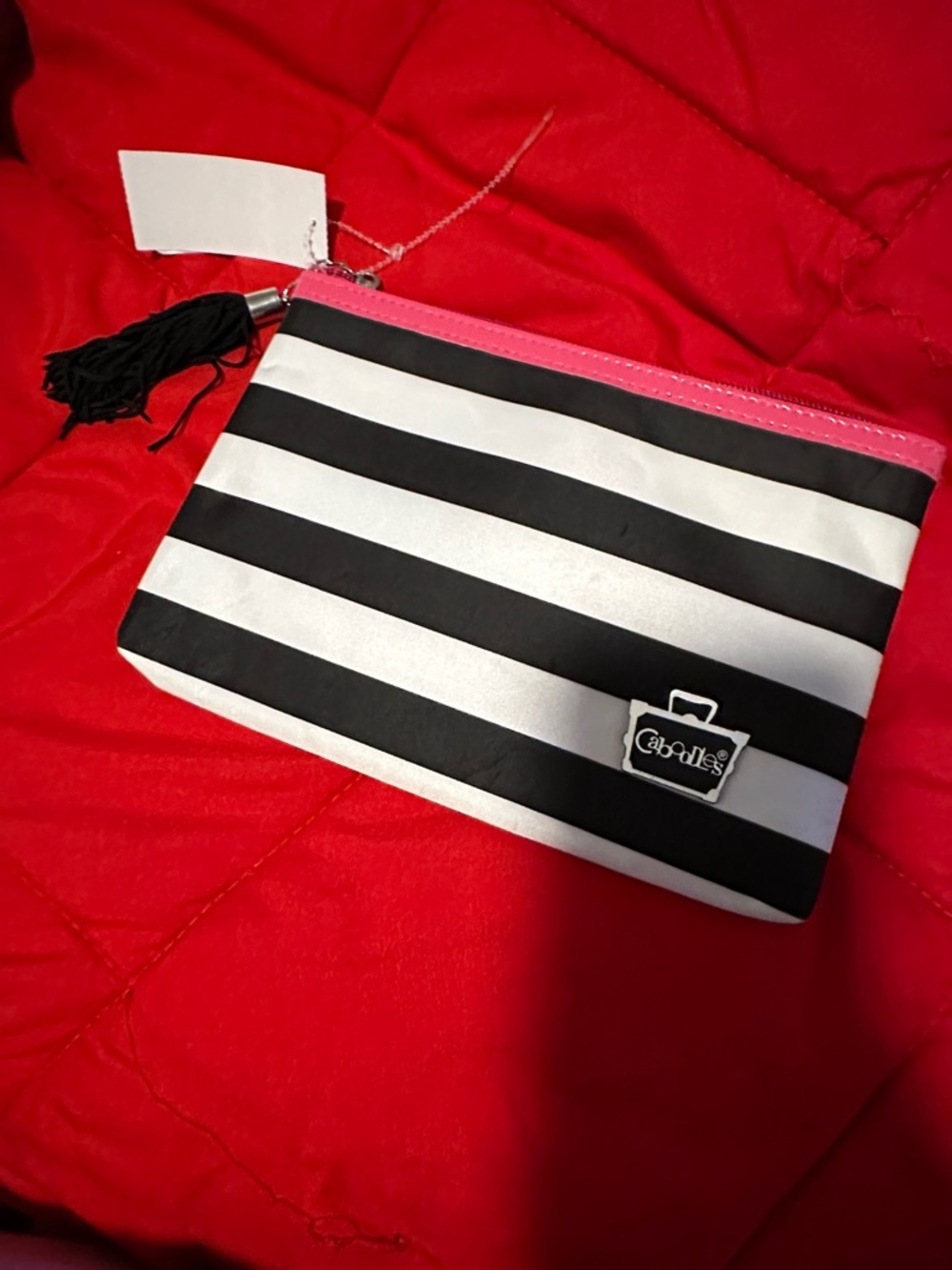 Caboodles Black & White Striped Cosmetic Pouch with Pink Trim
